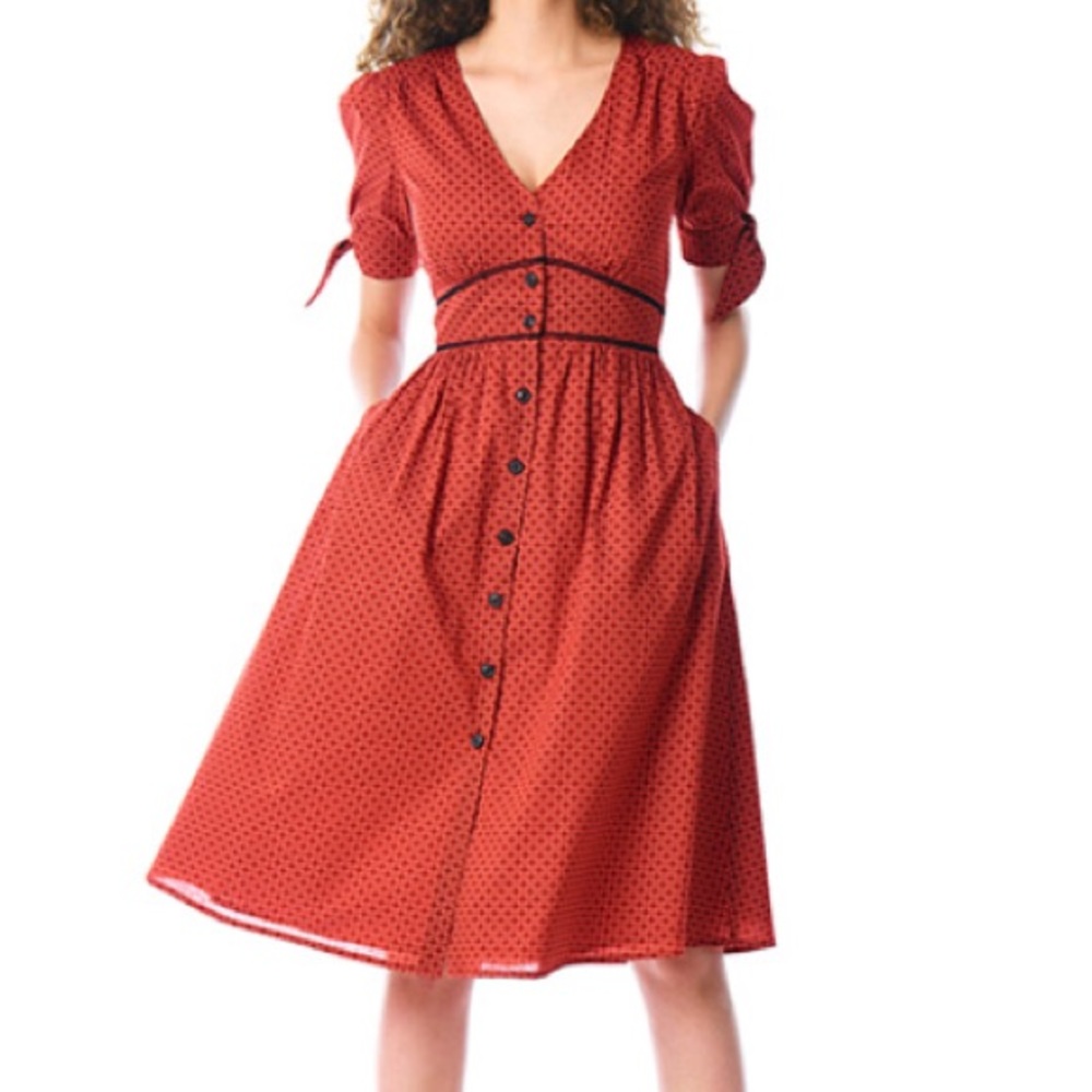 Tie cuff floral graphic print cotton dress